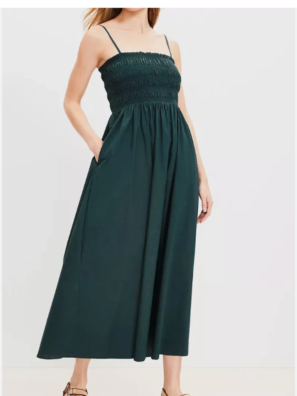 LOFT Forest Green Smocked Spaghetti-Strap Maxi Dress